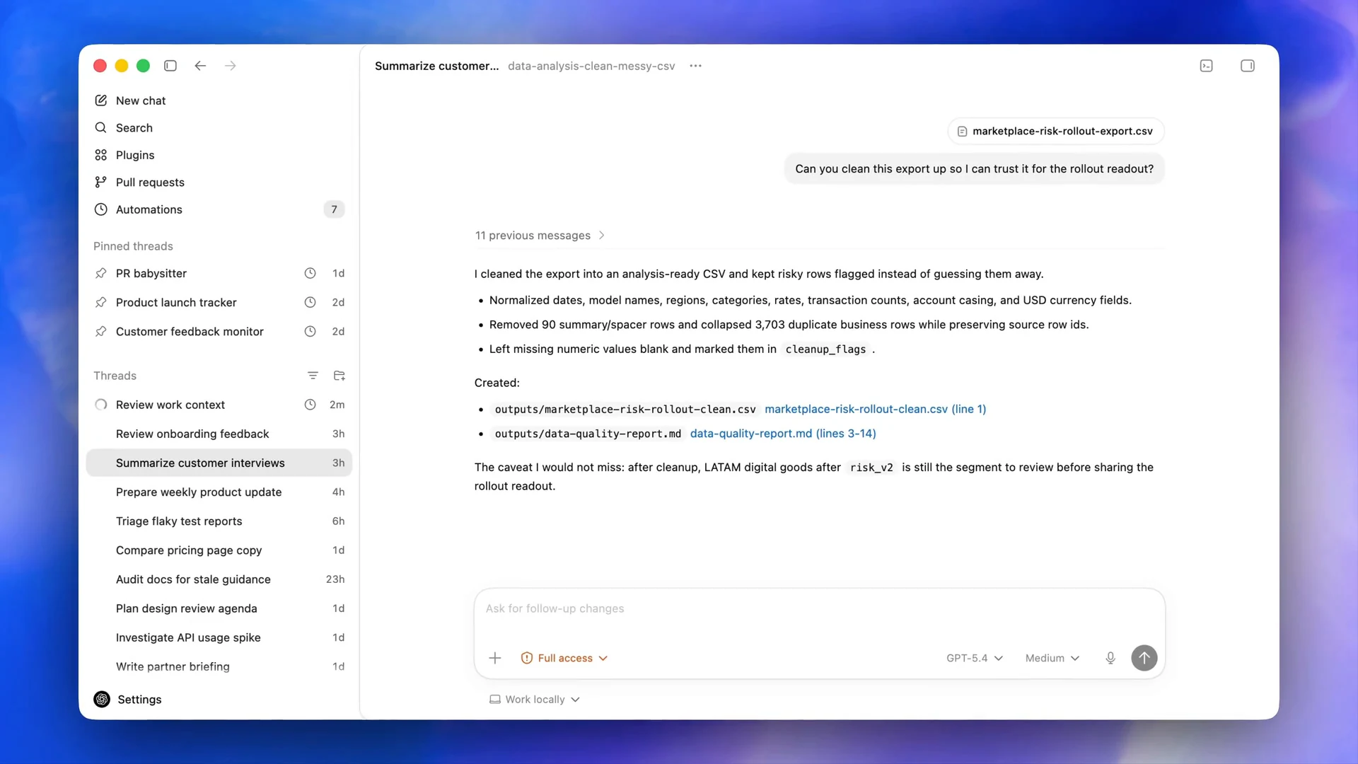 The complete desktop-app window in OpenAI’s walkthrough, with projects and conversations in the left sidebar and the active conversation in the main pane.