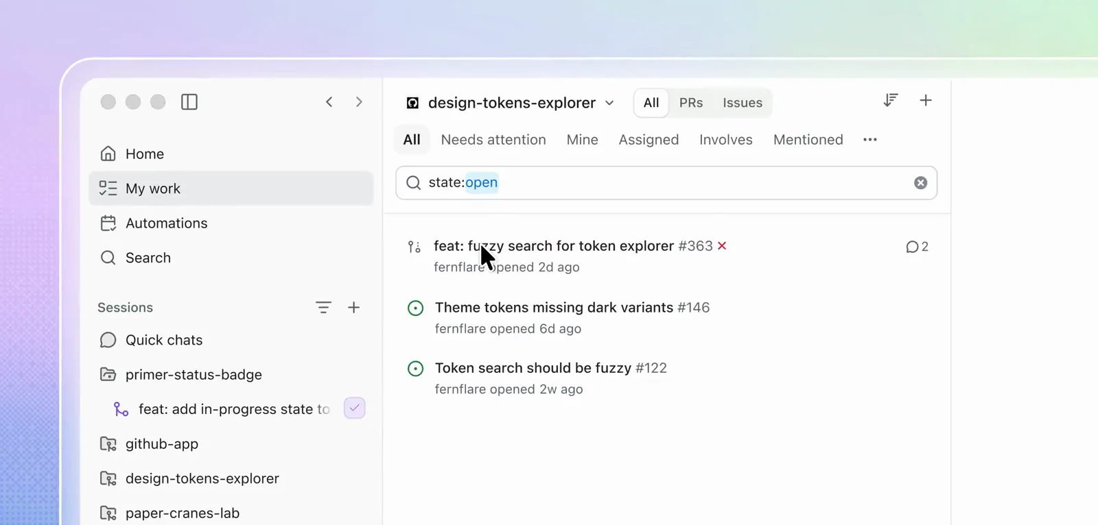 The GitHub Copilot desktop app in its official walkthrough, showing its GitHub-connected work interface.
