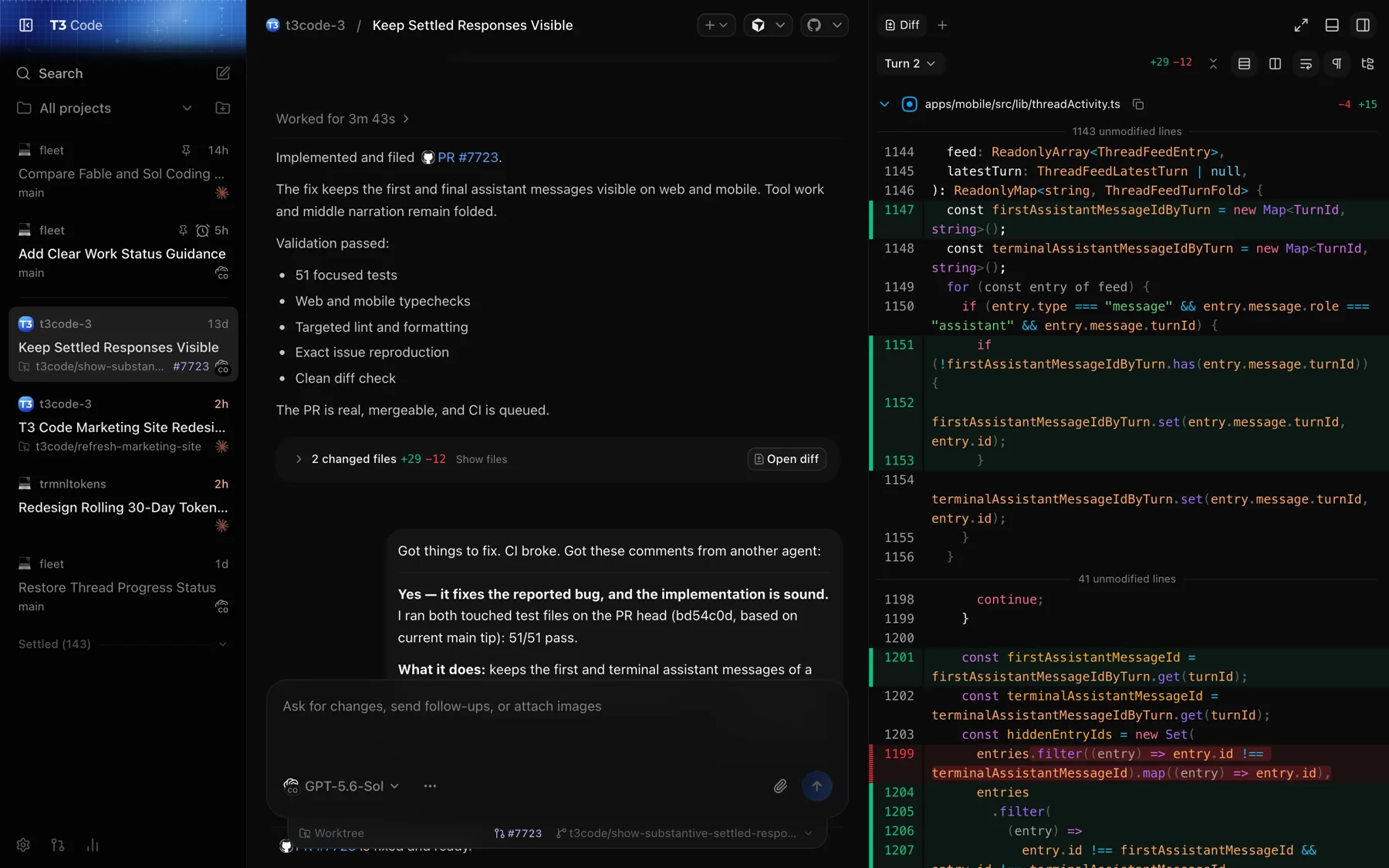 T3 Code desktop screenshot with project threads on the left, an agent conversation in the centre and a pull-request diff on the right.